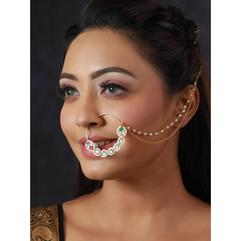 Priyaasi Gold-Plated & Kundan Studded Floral Nose Ring