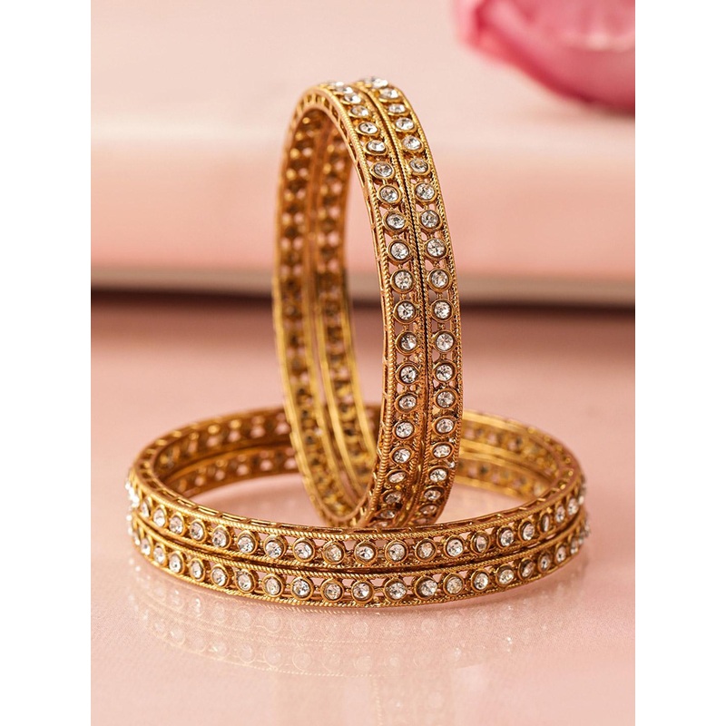 Rubans Set of 4 18 K Mehandi Gold-Plated Crystal White Cubic Zirconia Studded Bangles