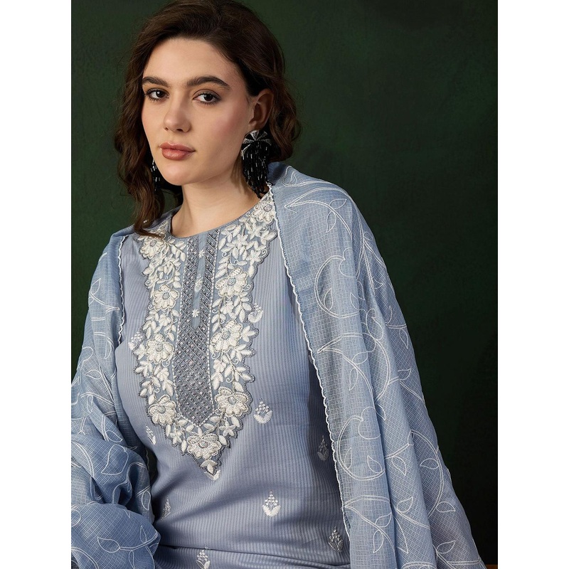 Sangria Boat Neck Embroidered Pure Cotton Straight Kurta With Trousers & Dupatta