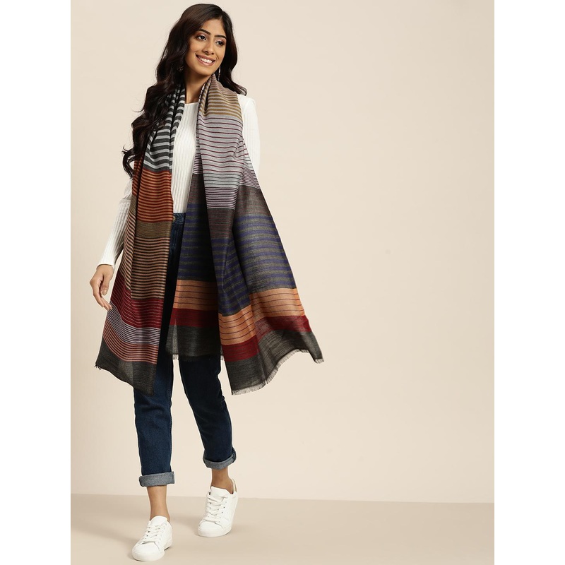 Sangria Women Multicoloured Wool Striped Woven Design Shawl