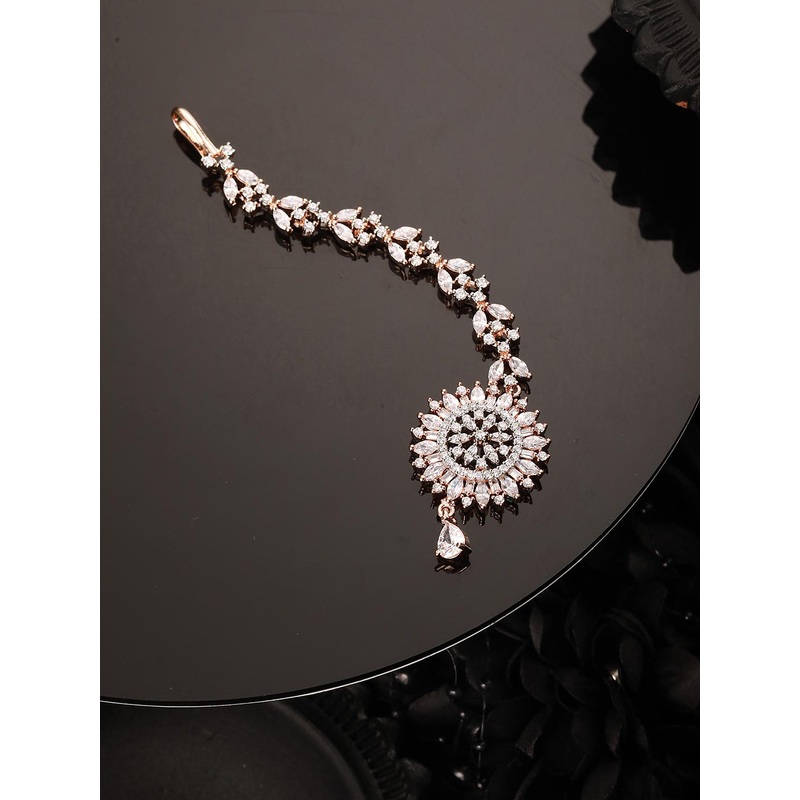 Saraf RS Jewellery Rose Gold-Plated White Cubic Zirconia & American Diamond-Studded Handcrafted Maang Tikka