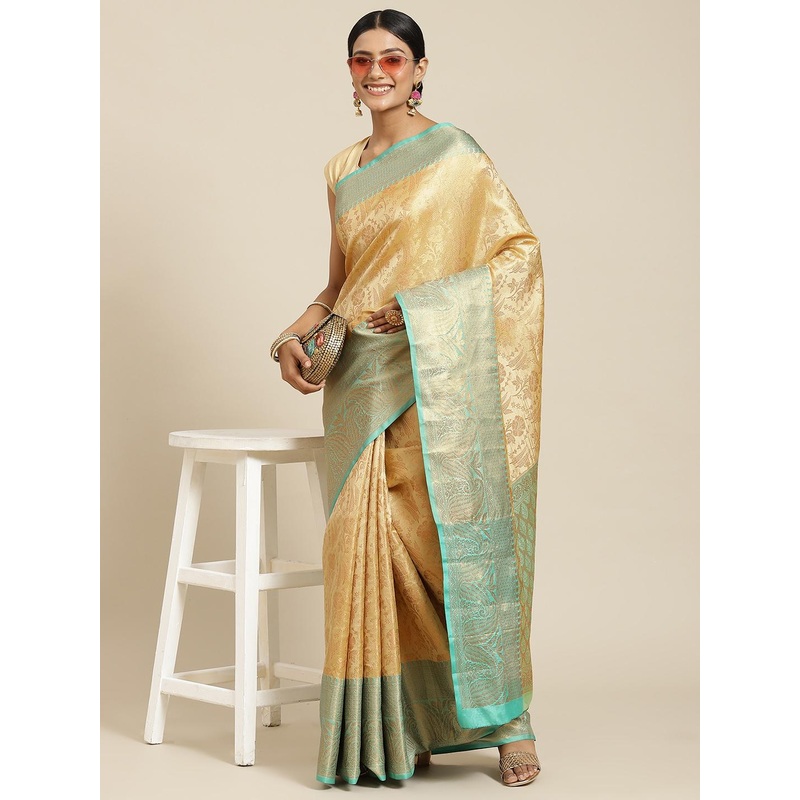 Silk Land Beige & Teal Ethnic Motifs Zari Kanjeevaram Saree