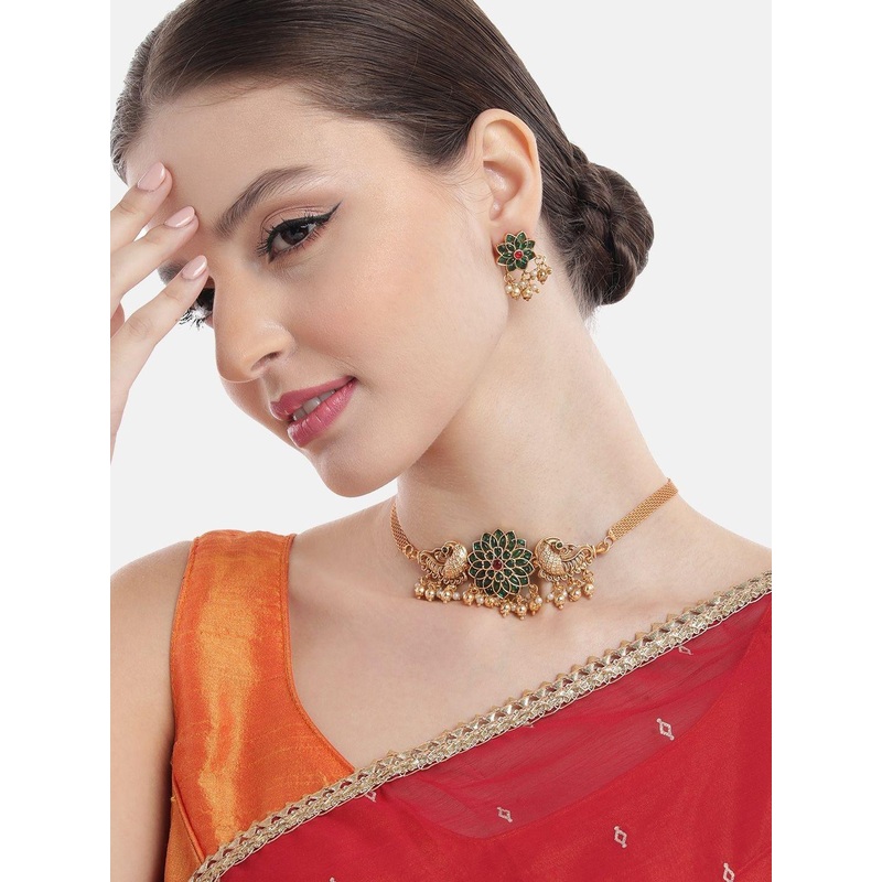 StileAdda Gold-Plated Artificial Studded & Beaded Choker Necklace With Earrings