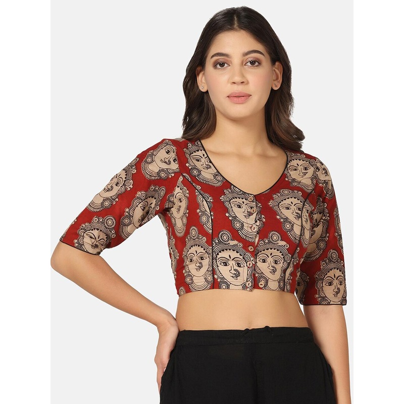 THE WEAVE TRAVELLER Kalamkari Printed V-Neck Cotton Saree Blouse