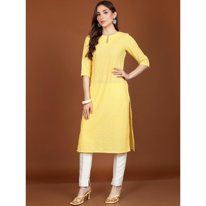 Vishudh Yellow Floral Embroidered Keyhole Neck Thread Work Straight Kurta