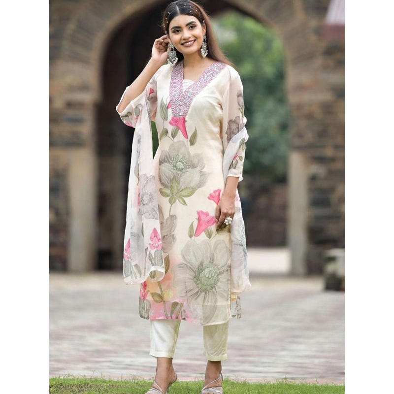 VKOM’S Ethnic Motifs Printed Sequinned Kurta with Palazzo and Dupatta