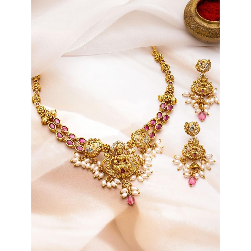 Women 22K Gold-Plated Ruby Pink Stones, Cubic Zirconia & Pearl Drops Temple Necklace Set