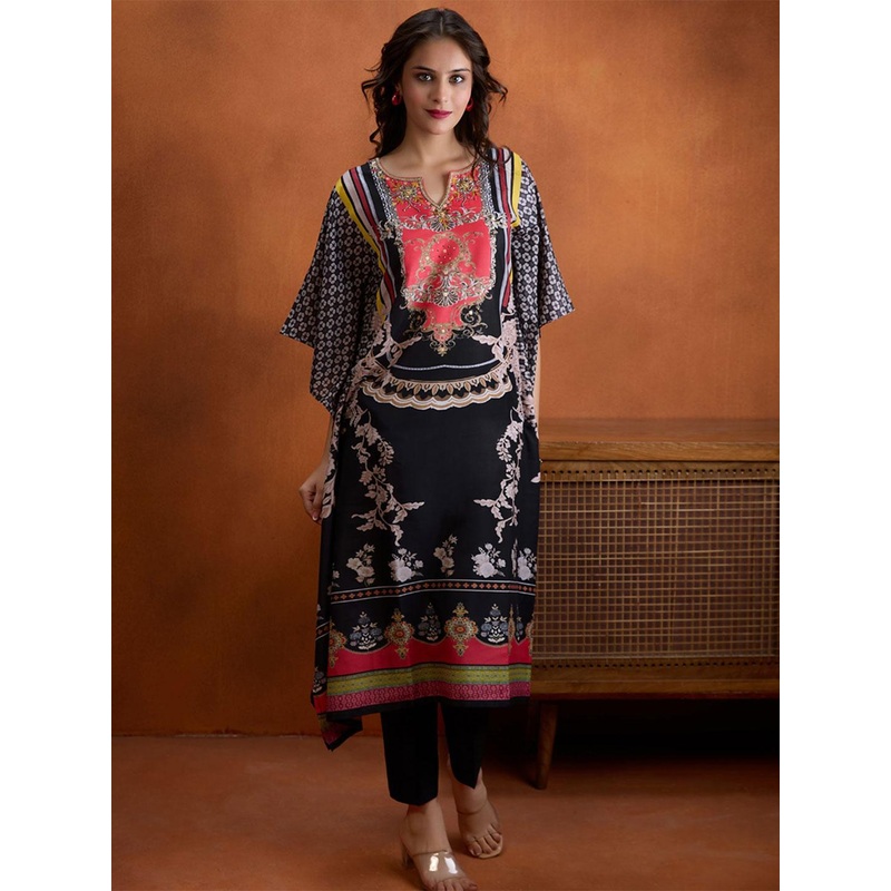 WOMEN PLUS Ethnic Motifs Printed Notch Neck Beads and Stones Kaftan Kurta Wiith Trousers