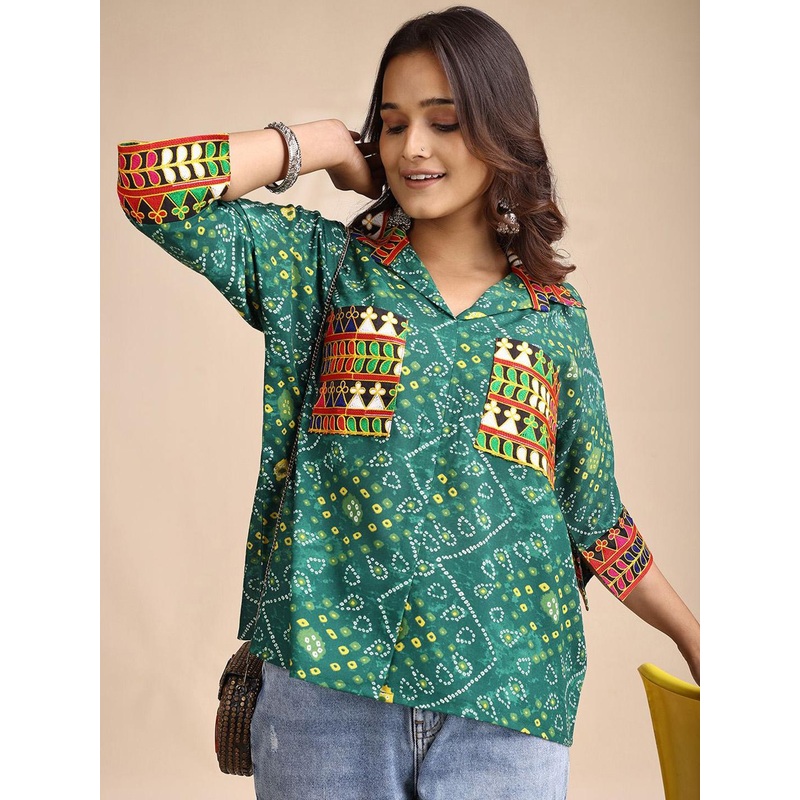 Youthnic Women’s Bandhani Printed & Embroidered Relaxed Fit Pocket Boxy Shirt Style Top