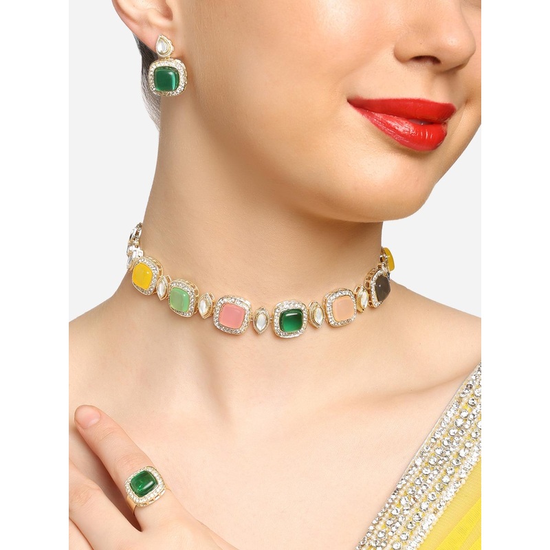 Zaveri Pearls Gold-Plated Kundan-Studded Necklace With Earrings & Finger Ring