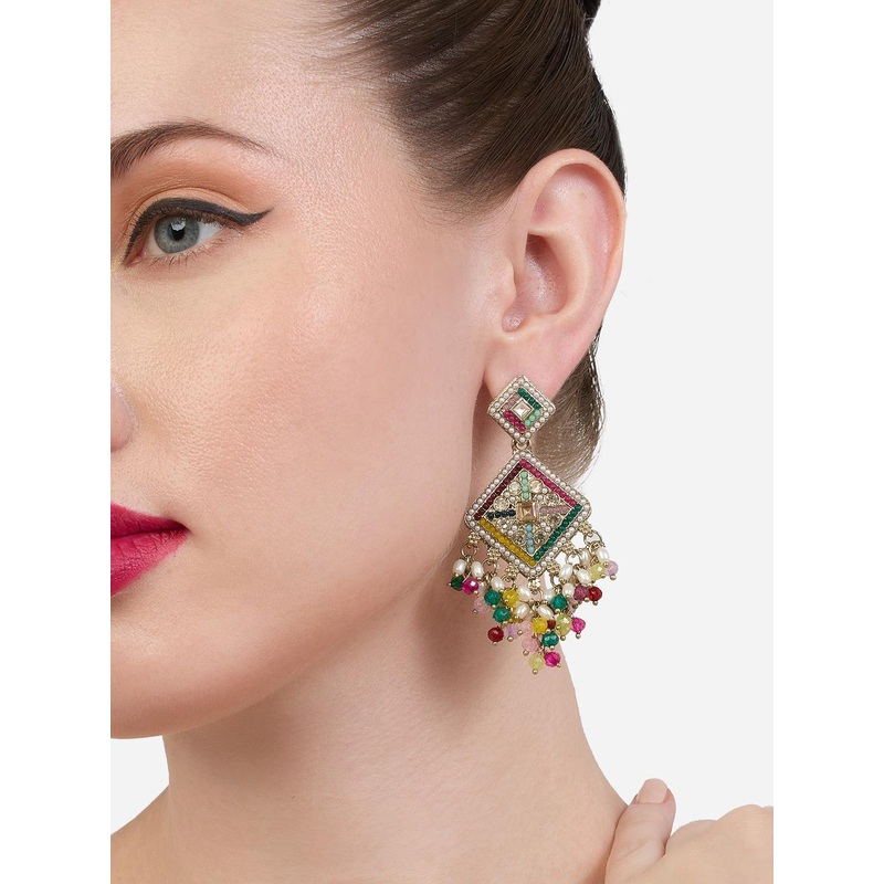 Zaveri Pearls Gold-Plated Stone Studded And Beaded Antique Contemporary Drop Earrings