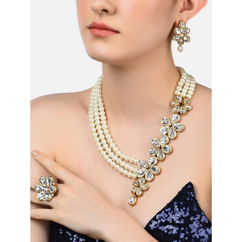 Zaveri Pearls Gold-Plated White Stone-Studded & Pearl-Beaded Multistrand Jewellery Set