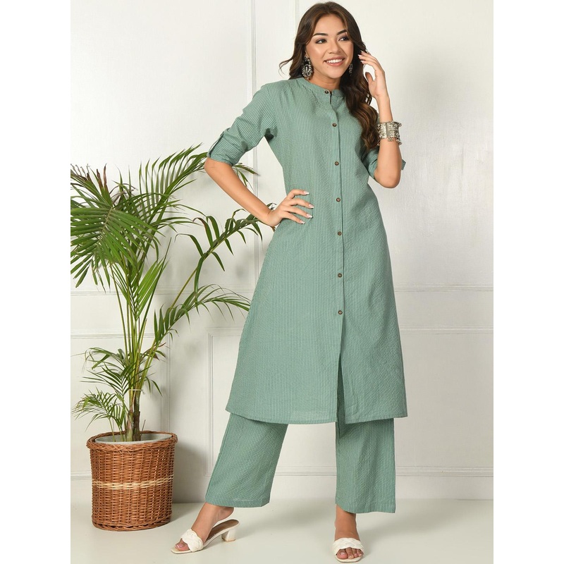 AAYUMI Striped Mandarin Collar Thread Work Pure Cotton Kurta with Trouser