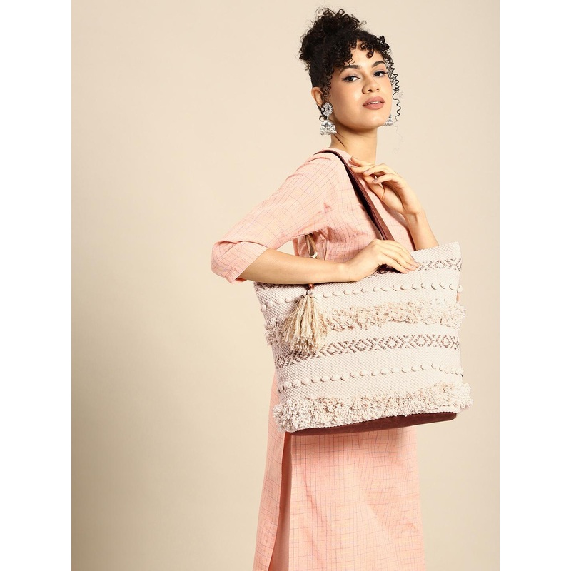 Anouk Geometric Structured Tote Bag with Tasselled