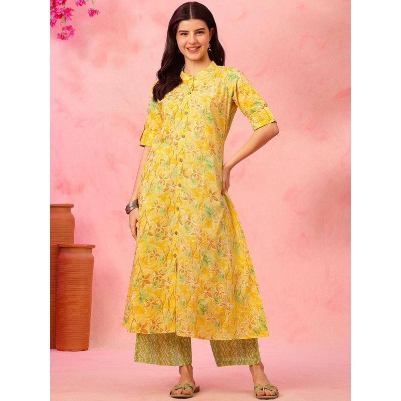 Anouk Rustic Floral Printed Beads and Stones Pure Cotton Mandarin Collar Kurta & Palazzo