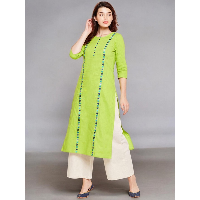 Azira Women Lime Green Embroidered Straight Kurta