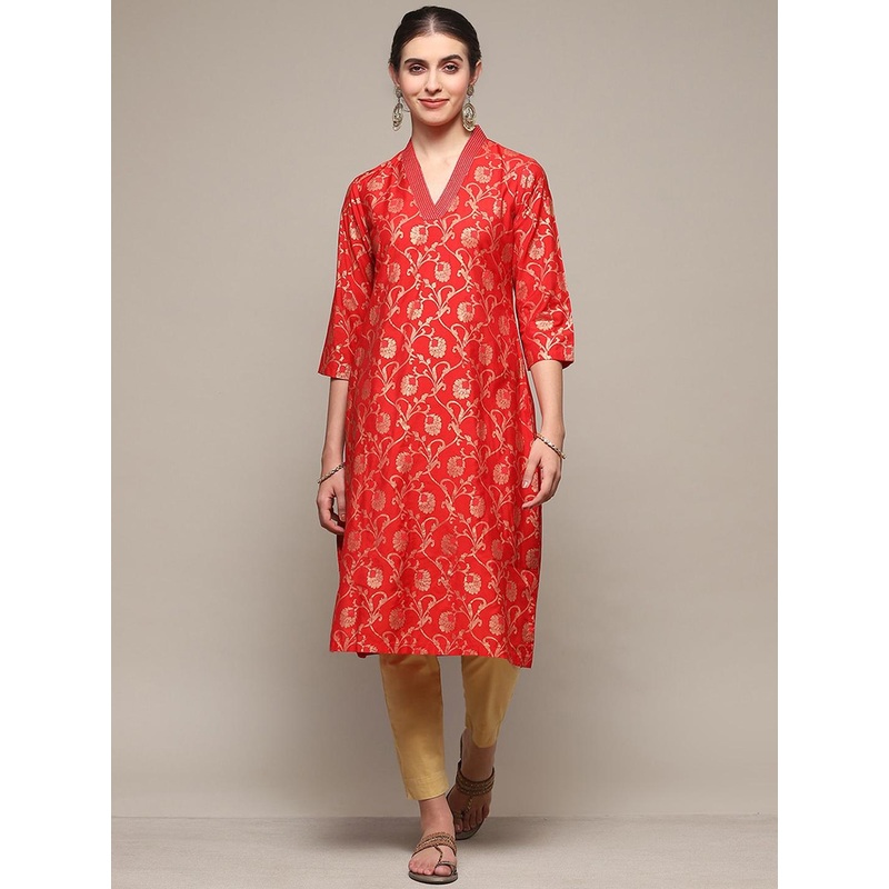 Biba Floral Woven Design Thread Work Detail V-Neck Kurta