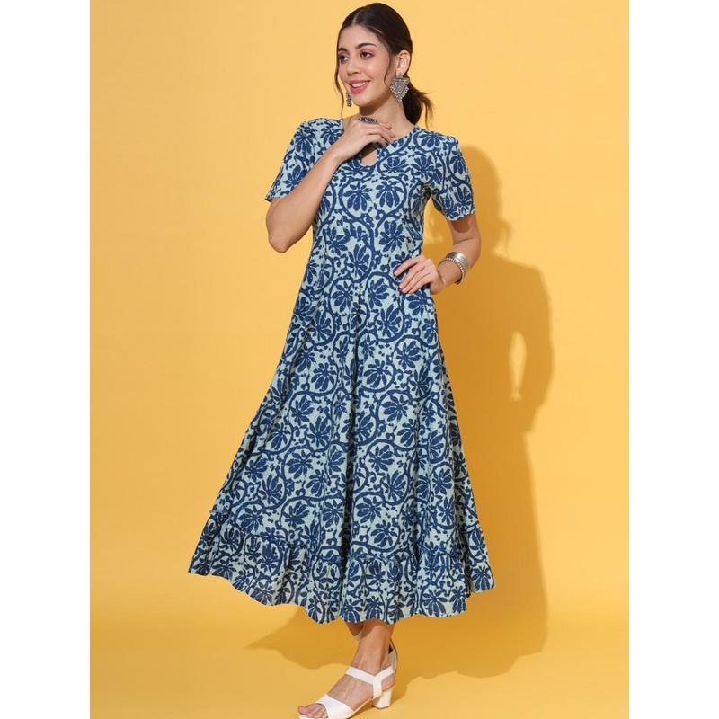 DECKEDUP Floral Printed Keyhole Neck Cotton Fit and Flare Maxi Ethnic Dress