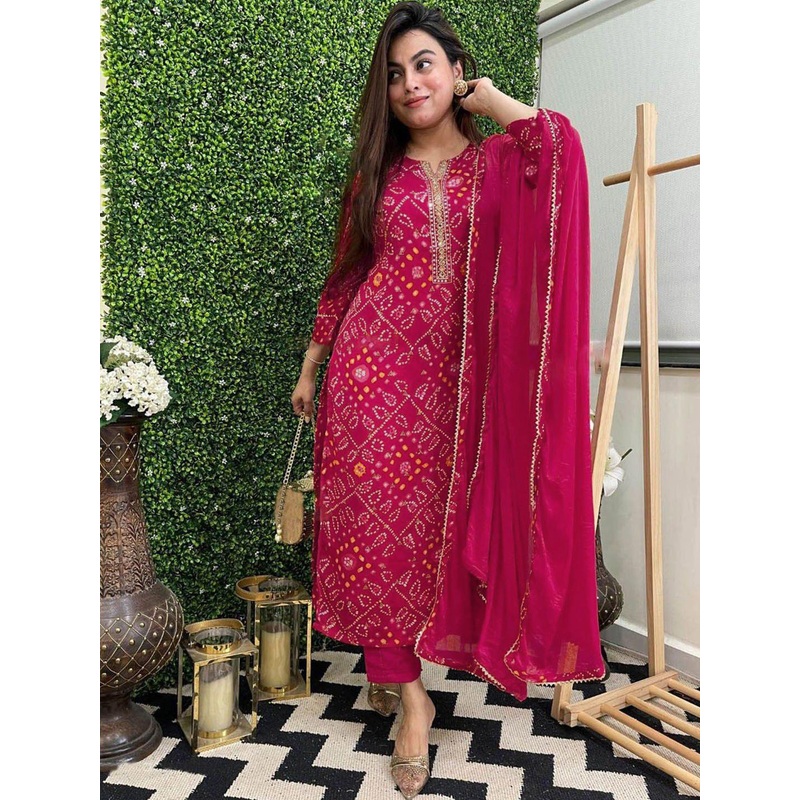 GoSriKi Women Bandhani Printed Regular Kurta with Trousers & With Dupatta