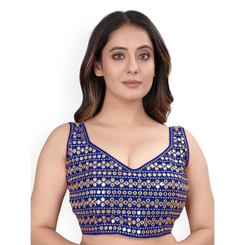 HERE&NOW Embroidered Silk Sweetheart Neck Mirror Work Readymade Saree Blouse