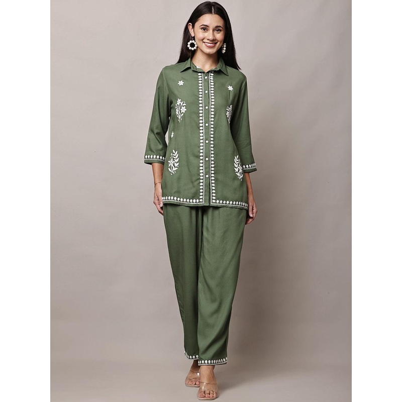 HERE&NOW  Viscose Rayon Embroidered Tunic With Trousers