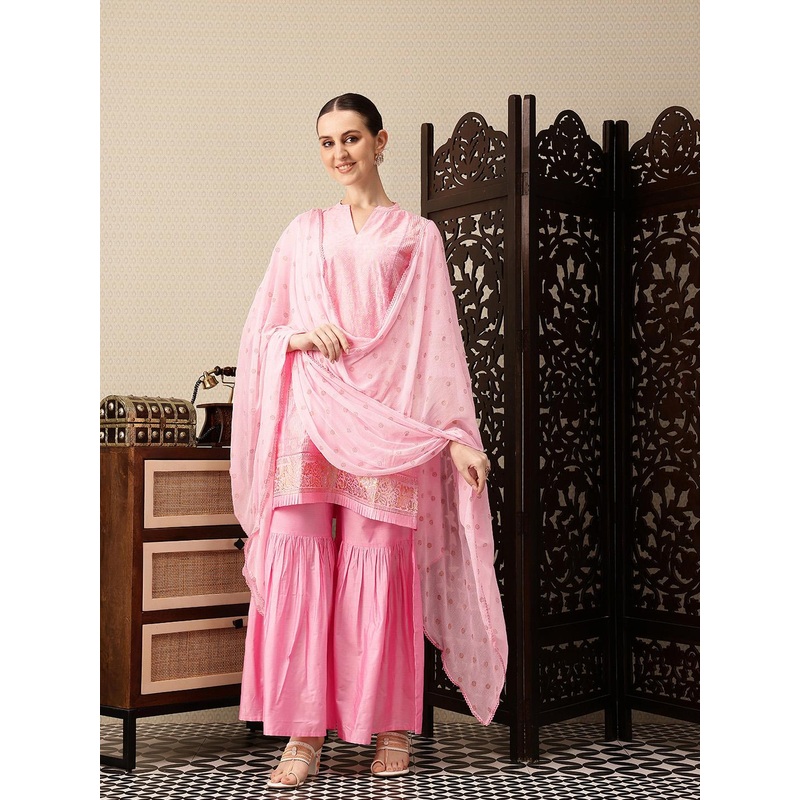 House of Pataudi Indie-Floral Foil Printed Jashn Kurta with Sharara & Dupatta