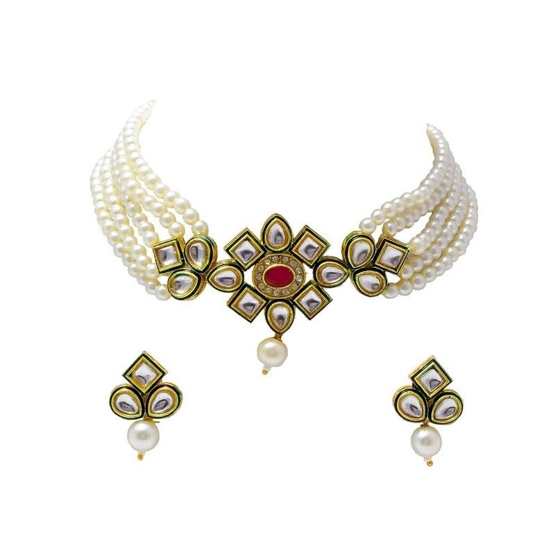 Jewar Mandi Gold-Plated White Kundan Studded & Beaded Jewellery Set