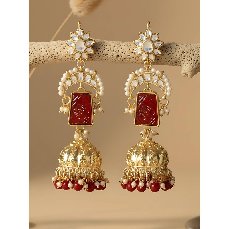 KARATCART Gold-Plated Kundan-Studded Jhumkas