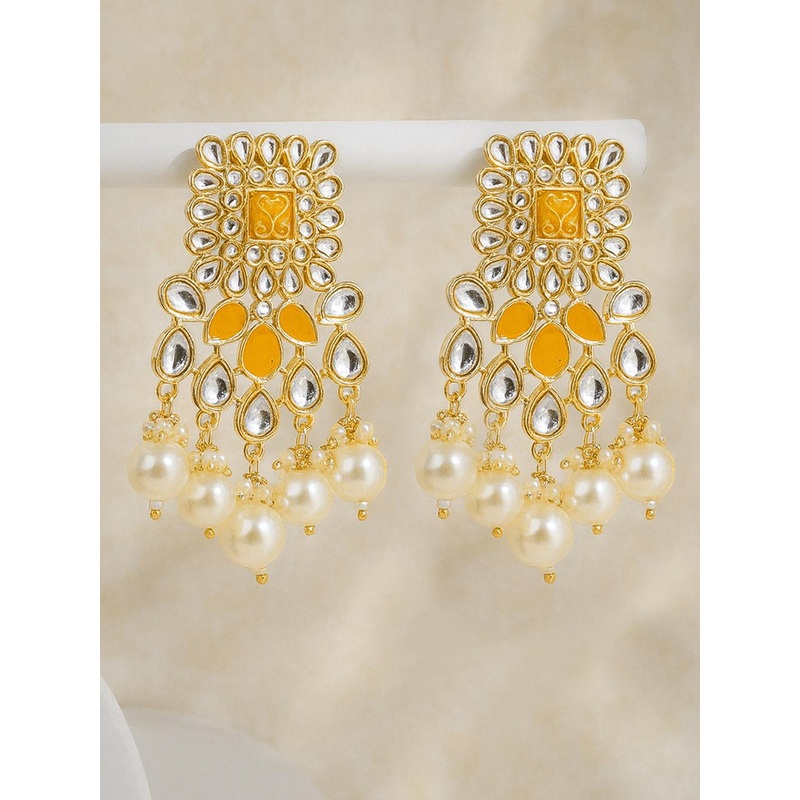 KARATCART Yellow & White Gold Plated Pearl Studded Kundan Drop Earrings