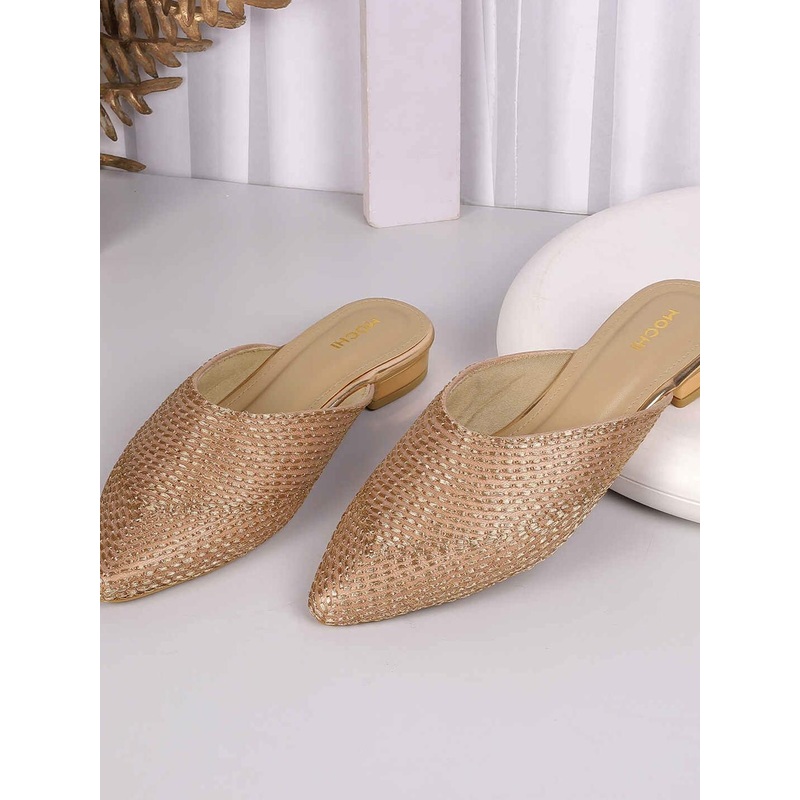 Mochi Women Block Heel Woven Design Mules