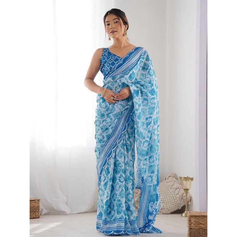 ODETTE Sky Georgette Printed Saree For Women