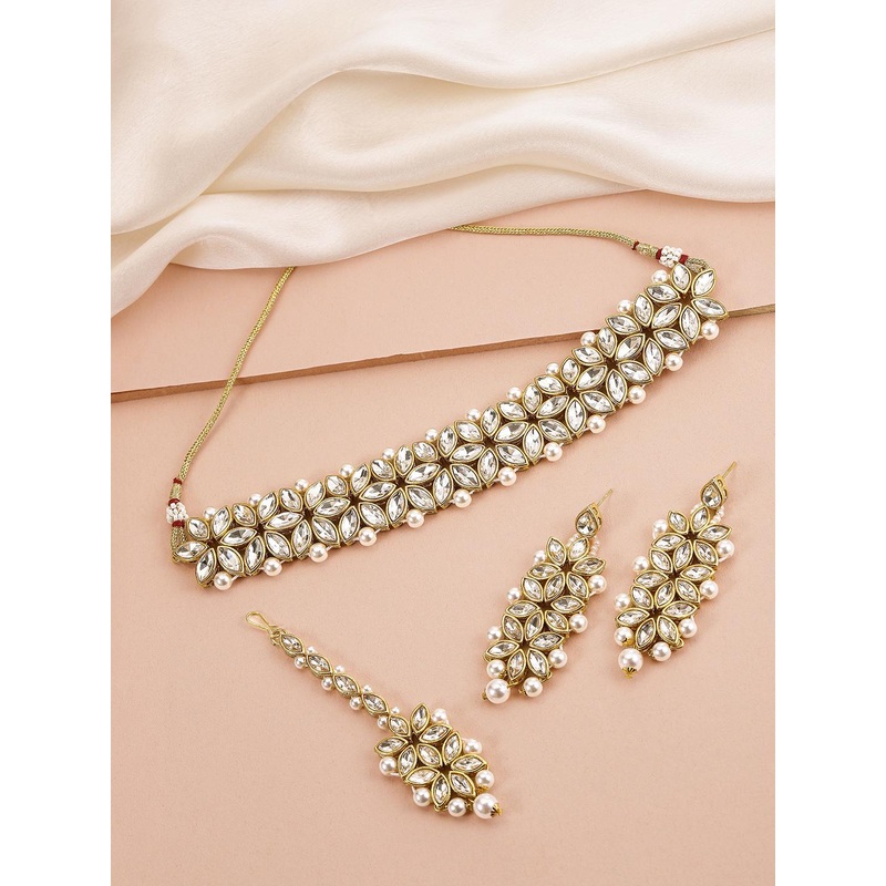 Peora White Gold Plated Kundan Bridal Jewellery Set