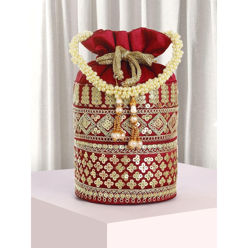 Peora Zari Leaf Embellished Sequinned Potli Bag