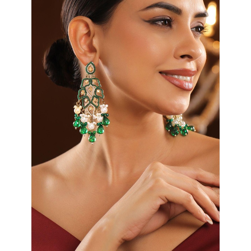 Rubans 18K Gold-Plated Emerald Green Kundan & Pearl Studded Long Chandelier Earrings