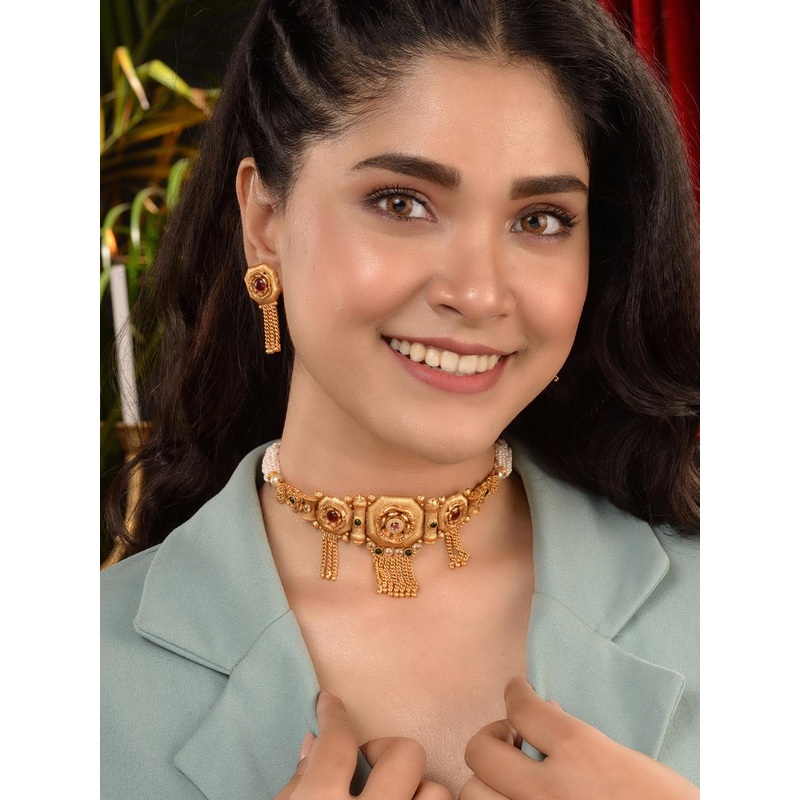 Saraf RS Jewellery Women Gold-Plated Red Kemp-Studded Jewellery Set
