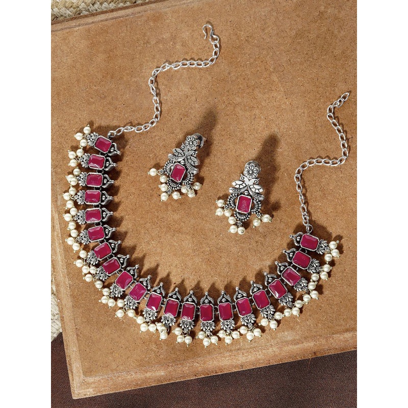 TEEJH Stone-Studded & Beaded Necklace and Earrings