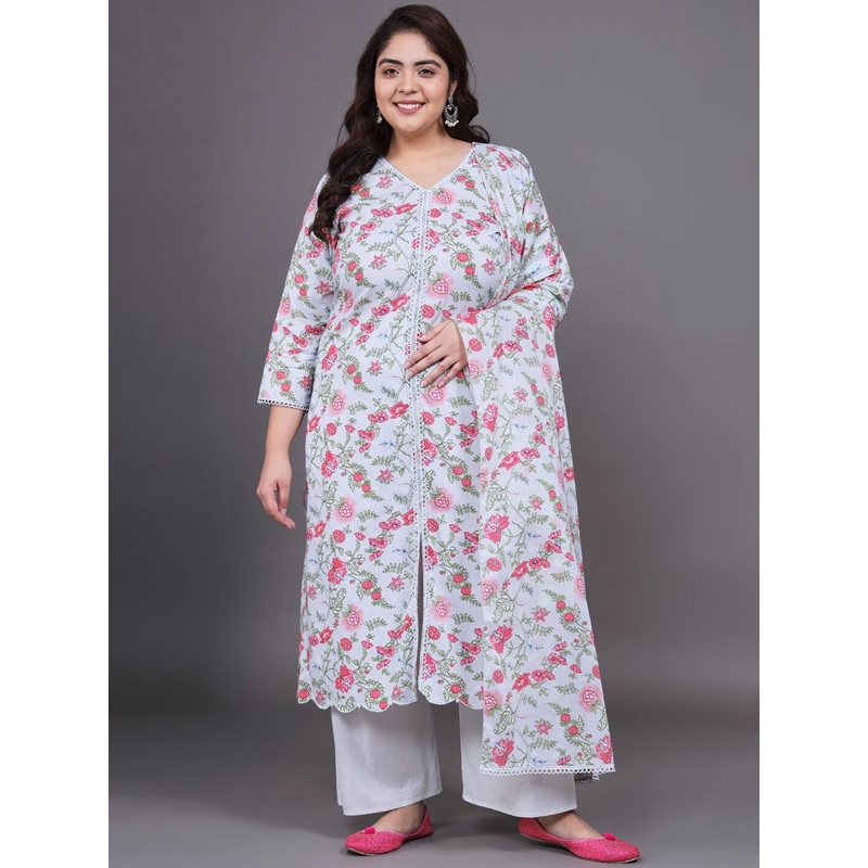 Tissu Plus Size Floral Printed Pure Cotton Straight Kurta With Palazzos & Dupatta