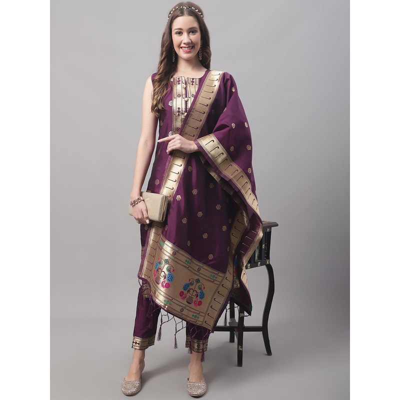 VredeVogel Floral Woven Design Zari Cotton Silk Kurta With Trousers & Dupatta