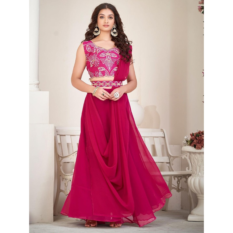 Warthy Ent Embroidered Thread Work Semi-Stitched Lehenga & Unstitched Blouse With Dupatta