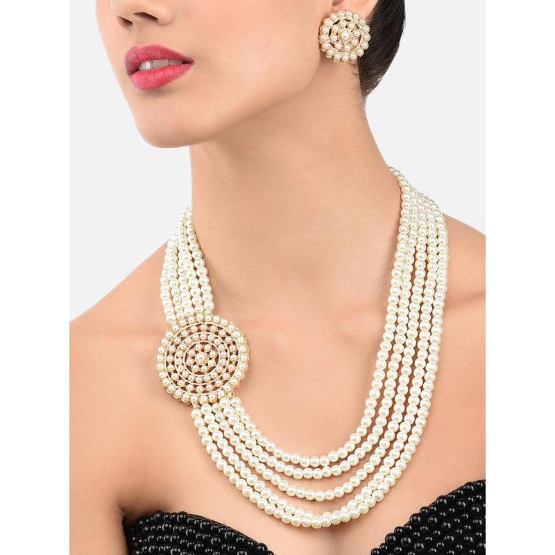 Zaveri Pearls Cream & Gold-Plated Pearl Studded Jewellery Set