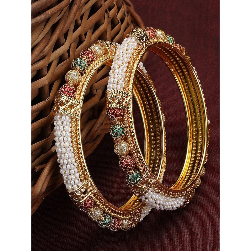 ANIKAS CREATION Set Of 2 Gold Plated Pearls Studded Bangle