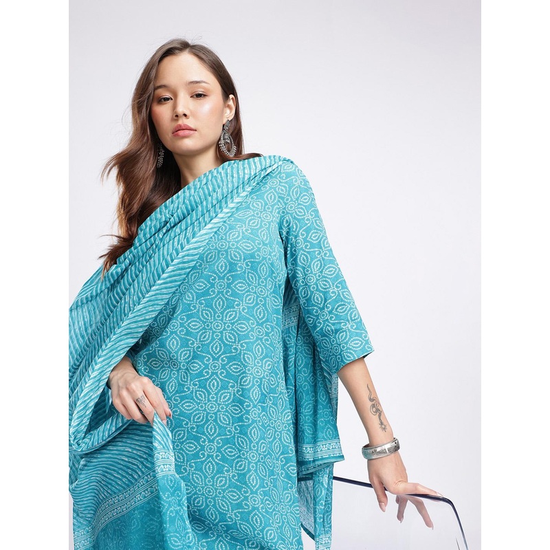 Anouk Rustic Floral Bandhani Printed V-Neck Straight Kurta With Trousers & Dupatta