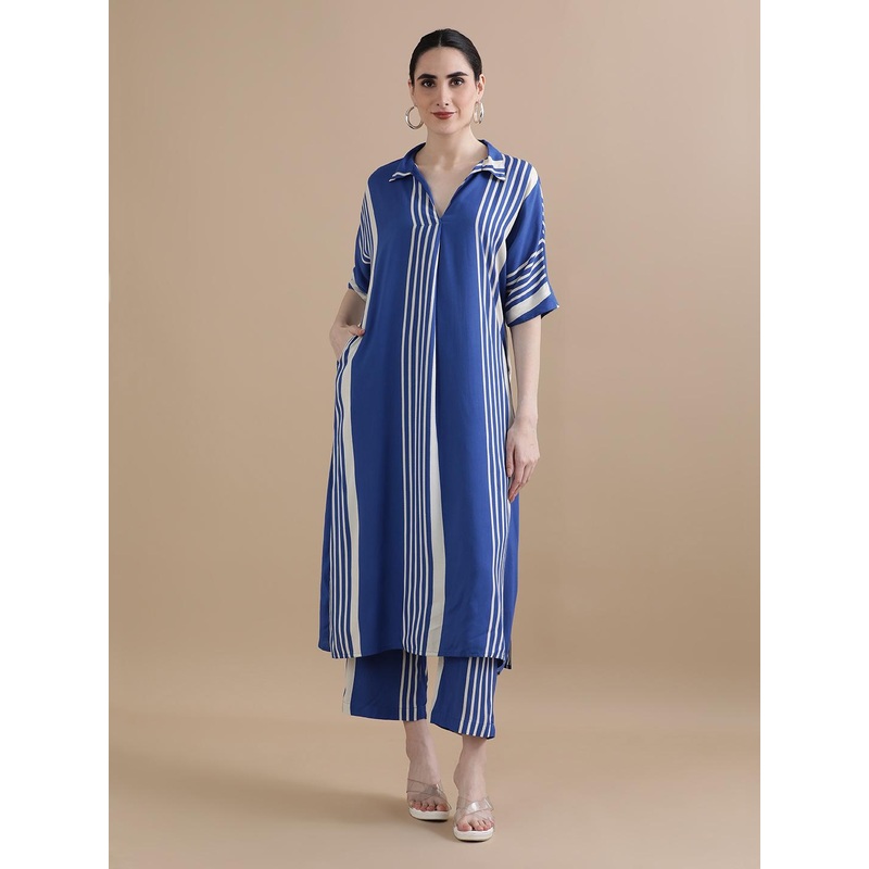 BLACK & BLAH BLAH Women Relaxed Fit Stripes Printed Liva Kurta Set