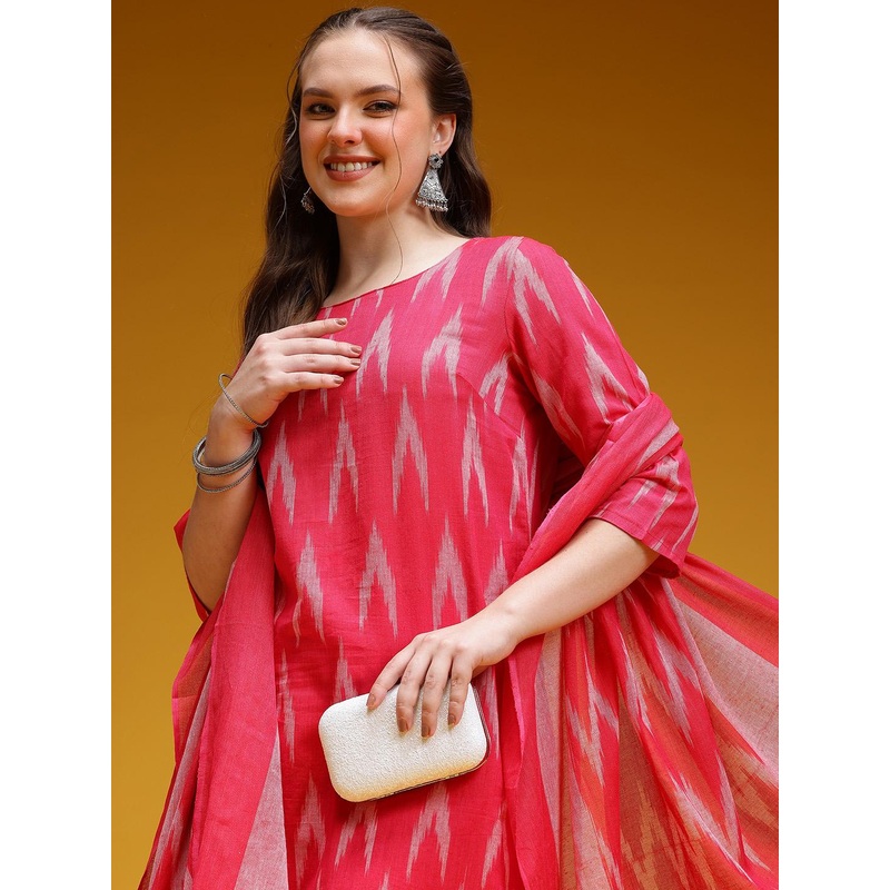 HERE&NOW Ikat Print Pure Cotton Kurta with Trousers & Dupatta