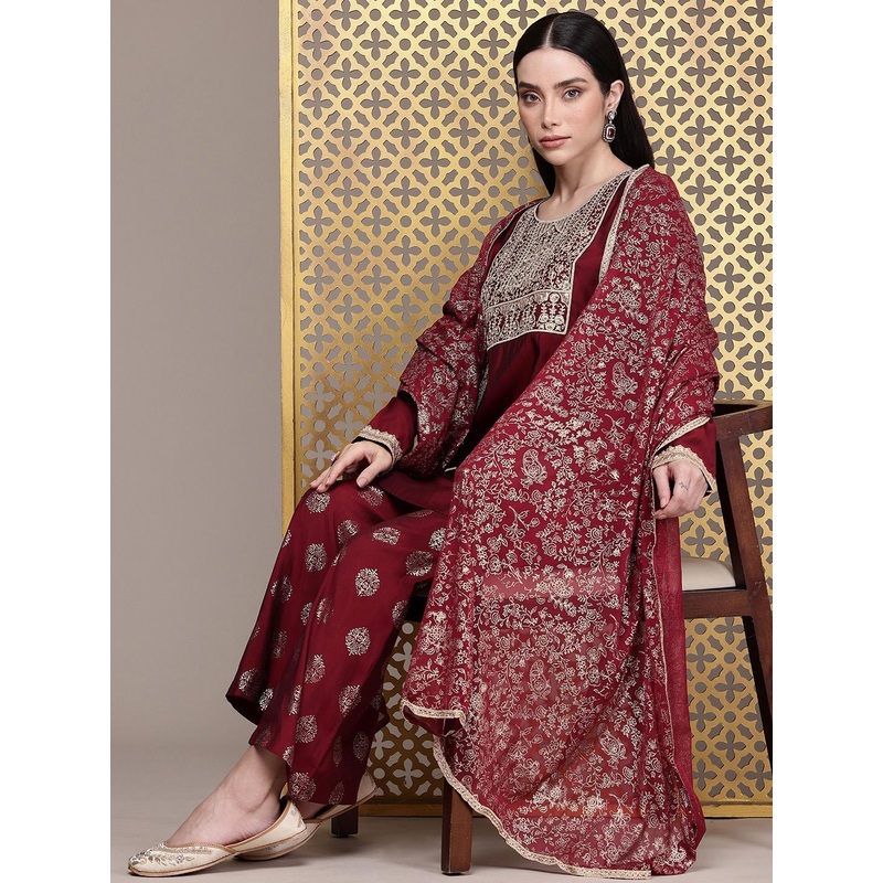 House of Pataudi Ethnic Motifs Embroidered Sequinned Jashn Kurta with Palazzos & Dupatta