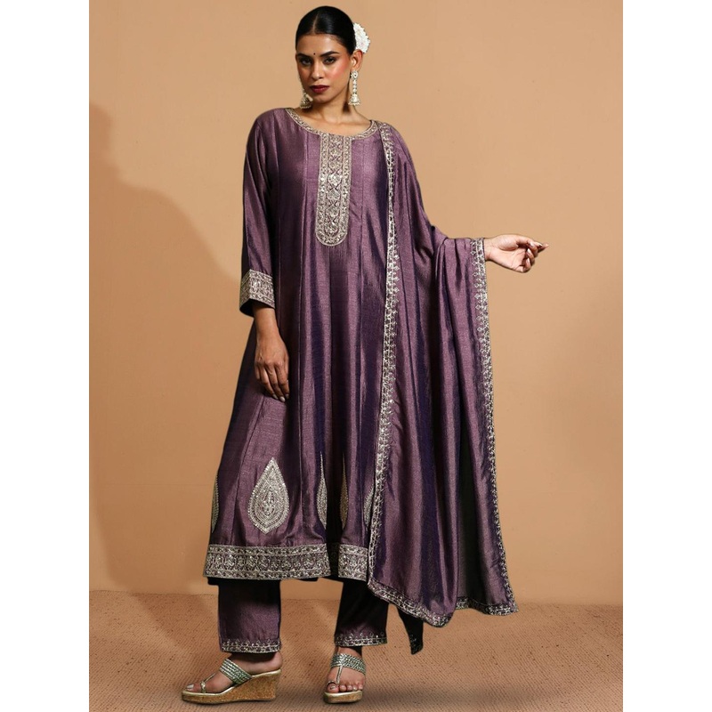 House of Pataudi Women Zari Embroidered Anarkali Kurta With Trouser & Dupatta