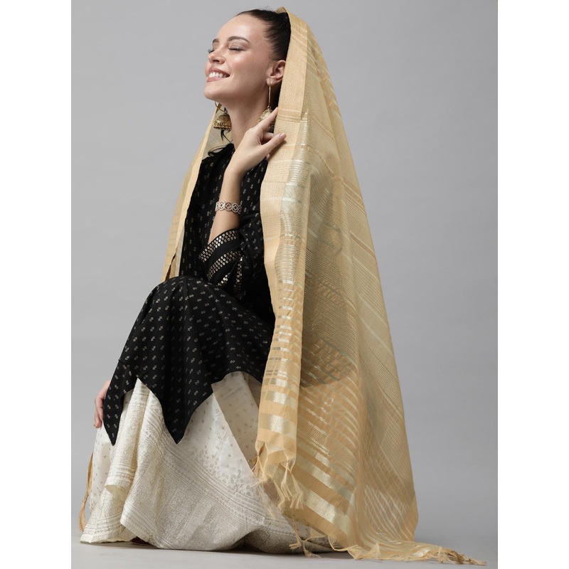 Indo Era Beige & Gold-Toned Striped Dupatta