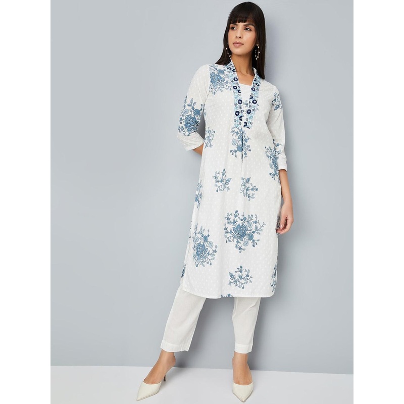 max Floral Printed V-Neck Thread Work Straight Kurta With Trousers