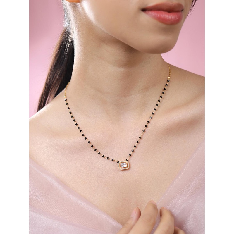 Rubans 22K Gold-Plated and Black Beaded with White Cubic Zirconia Studded Mangalsutra