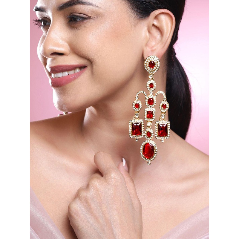 Rubans 22K Mehandi Gold-Plated Ruby Red & White Cubic Zirconia Studded Chandelier Earrings